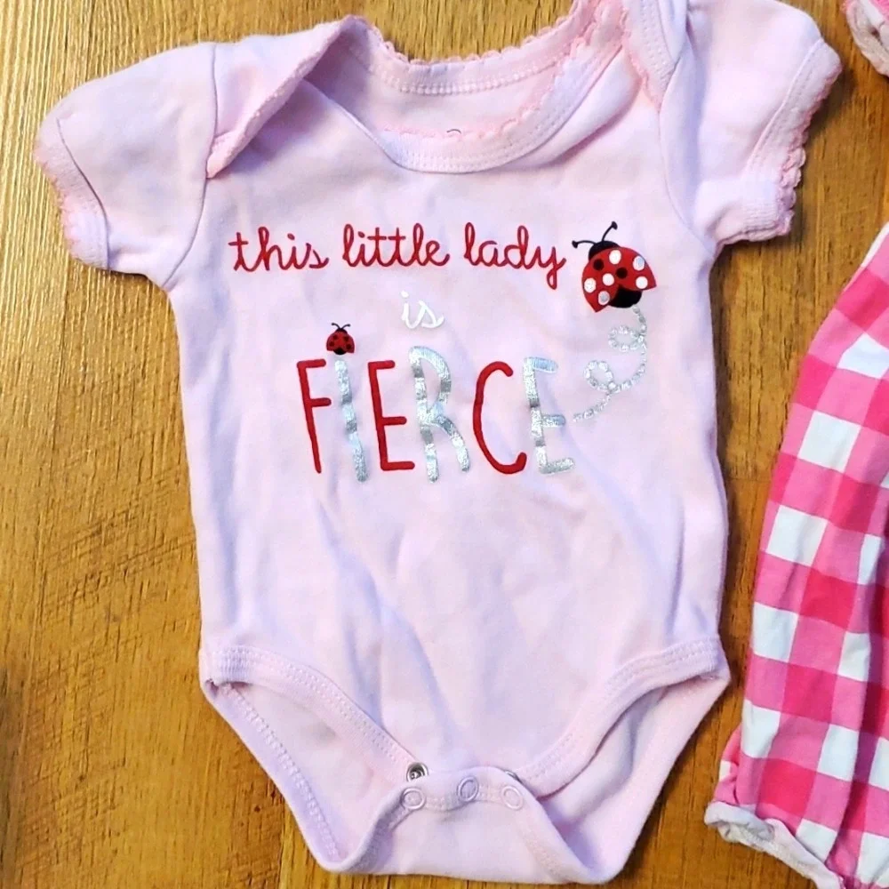 2 Ladybug Girl Outfits- Duck‎ Duck Goose Pink Onesie & Jumping Beans Romper 0-3M